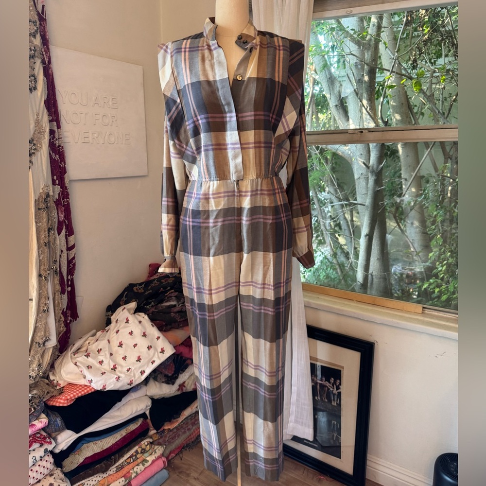 Vintage 1980s DVF Diane Von Furstenberg Multi Color Cotton Plaid Jumpsuit Romper